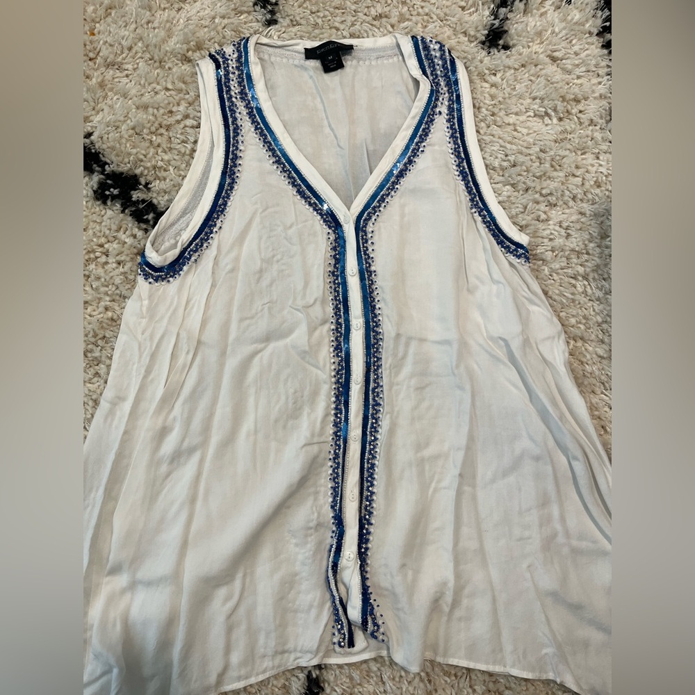 White Sleeveless Top with Blue Embroidery